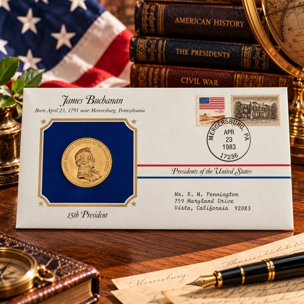 James Buchanan Presidential Medal Cover 24kt Gold Plated 1983 Postal Society